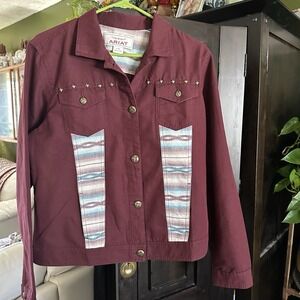 Ariat Womens Size Large La Madre Jacket Berry‎ Bark Aztec Print Button Front